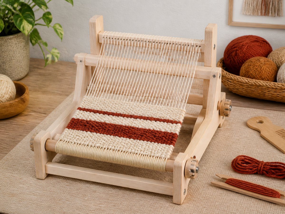 Small loom with rust and cream yarn