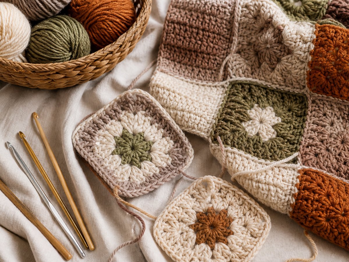 Crochet hooks and soft blanket squares
