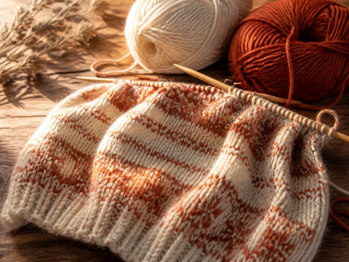 Knitting needles with cream and rust yarn