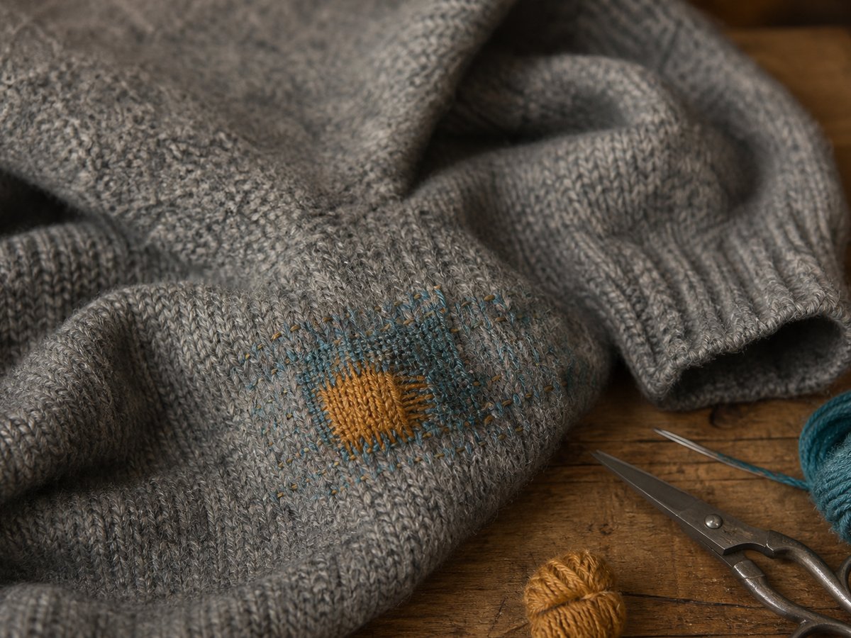 Visible mending on a wool sweater