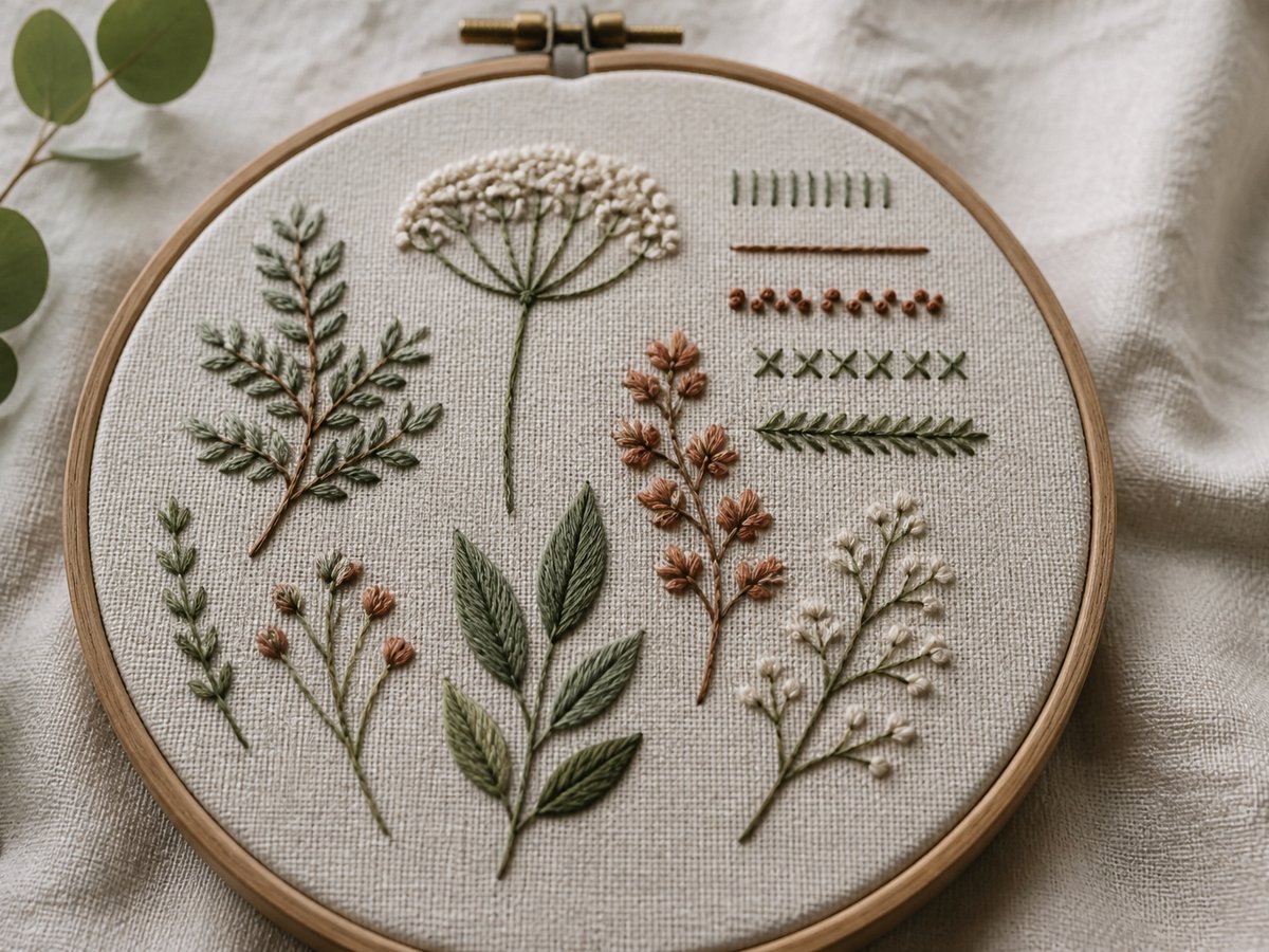 Embroidery hoop with botanical stitching
