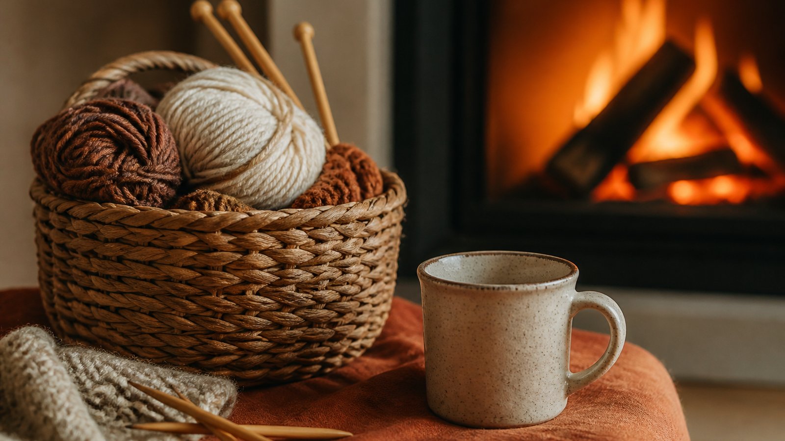 Yarn basket and knitting by warm light
