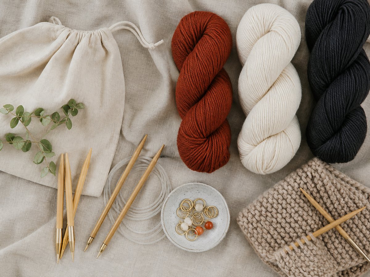Knitting kit with bamboo needles and yarn