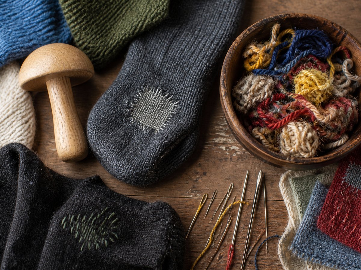 Mending kit with darning mushroom