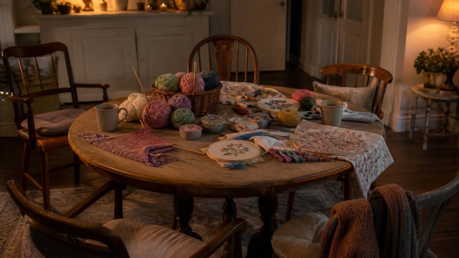 Evening textile craft circle table